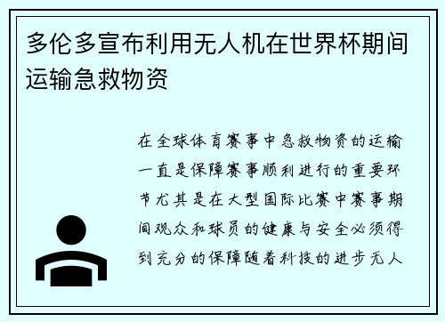 多伦多宣布利用无人机在世界杯期间运输急救物资